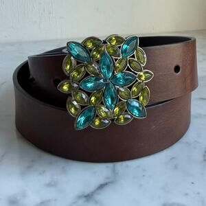 Y2K Brown Leather Belt Floral Rhinestone Buckle Blue Green Western Boho USA Made